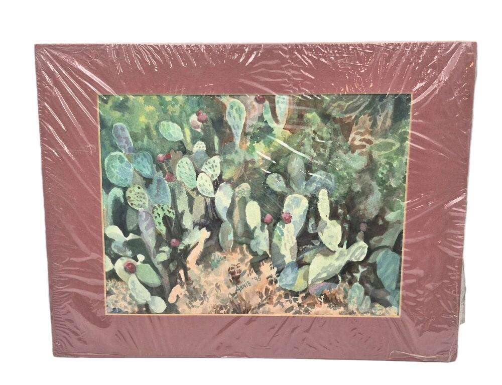 Original Signed 1995 Artwork Prickly Pear Cactus Rustic Rose Matting 16x12" NEW
